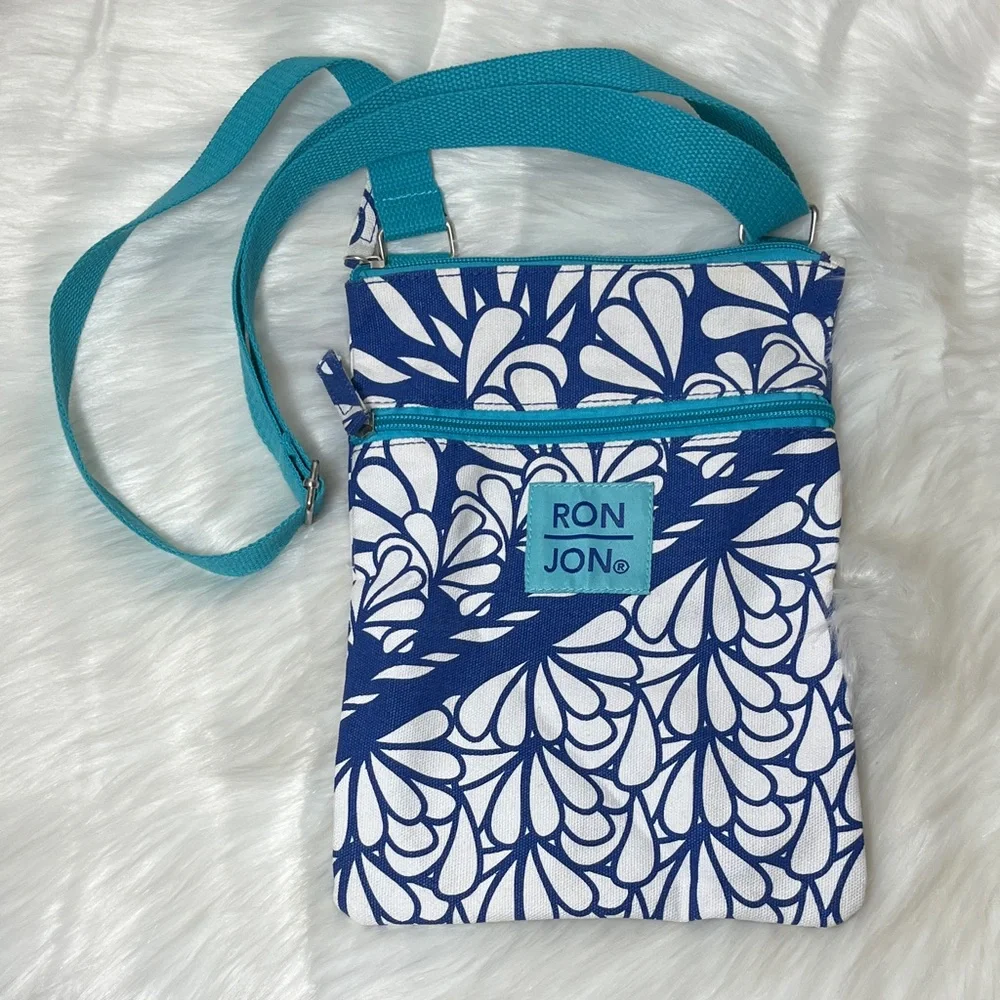 Ron Jon Blue White Floral Crossbody Zipper Bag